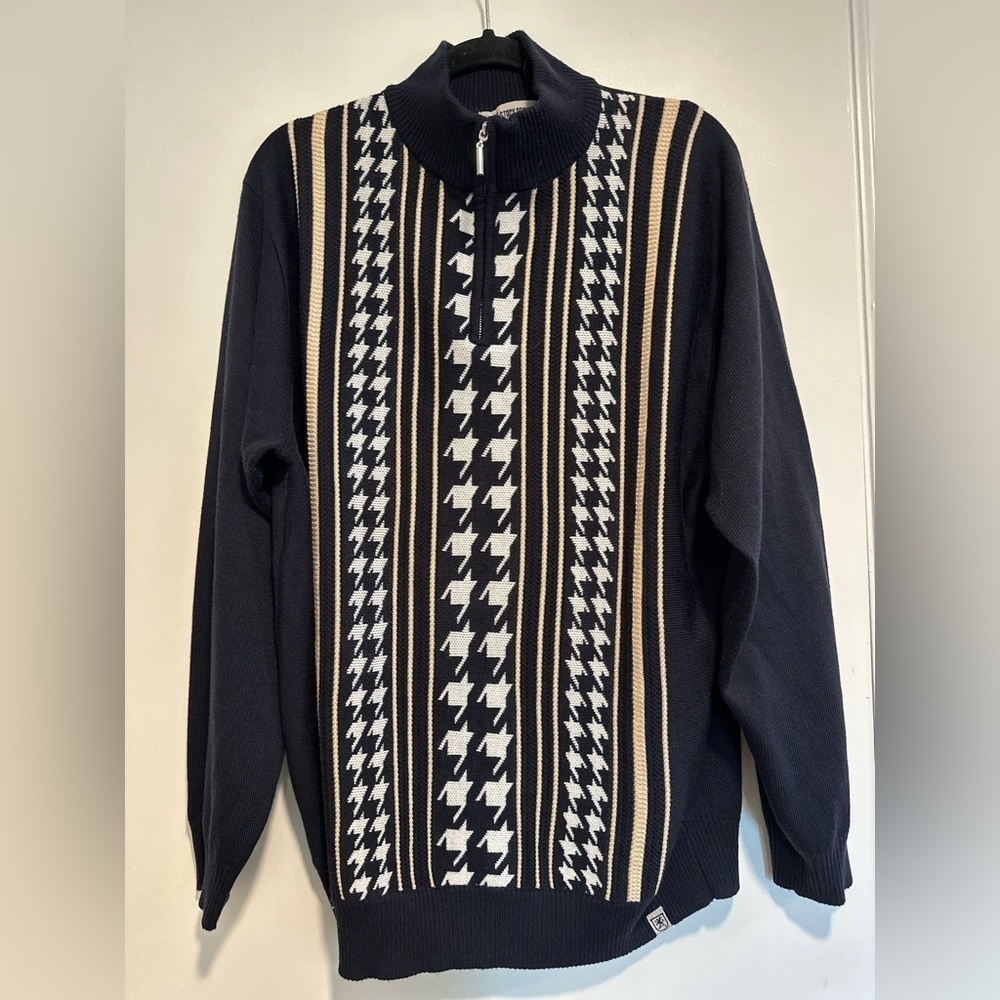 Stacy Adams Men’s XL Full Zip Large Hounds Tooth Mock Collar Preppy Sweater.